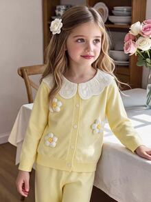 SHEIN Young Girl 3D Floral Decor Long Sleeve Top And Pants Knit Set - Yellow - View 8