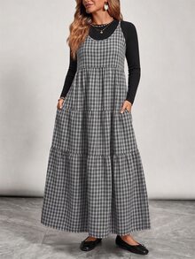Freevana 大尺碼女款復古休閒格紋洋裝，秋冬季 - 黑與白 - 查看 4
