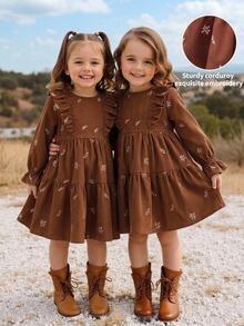 SHEIN Baby Girl Woven Embroidered Corduroy Casual Dress, Autumn/Winter - Multicolor - View 6