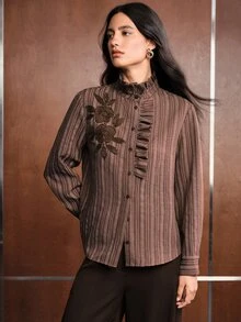 Anewsta Women's Elegant Urban Striped Long Sleeve Loose Fit Shirt For Home, Commute, Daily Wear And Office - Brown - View 5