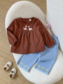 Playful Pals 2pcs Toddler Baby Girl Blouse Denim Pants Cute Animal Applique Floral Ribbed Knit Long Sleeve Round Neck Regular Fit Ruffled Bow Princess Cozy - Brown - View 3