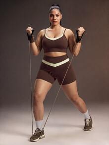 Powerista Women's Plus Size 2 Pieces Tank Top And Contrast Color Shorts Sports Set - Brown - View 2