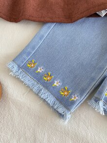 Playful Pals 2pcs Toddler Baby Girl Blouse Denim Pants Cute Animal Applique Floral Ribbed Knit Long Sleeve Round Neck Regular Fit Ruffled Bow Princess Cozy - Brown - View 5