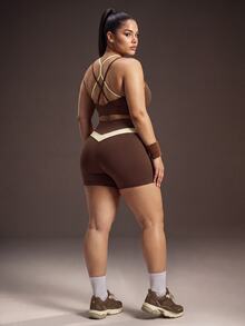 Powerista Women's Plus Size 2 Pieces Tank Top And Contrast Color Shorts Sports Set - Brown - View 1