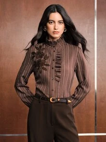 Anewsta Women's Elegant Urban Striped Long Sleeve Loose Fit Shirt For Home, Commute, Daily Wear And Office - Brown - View 4