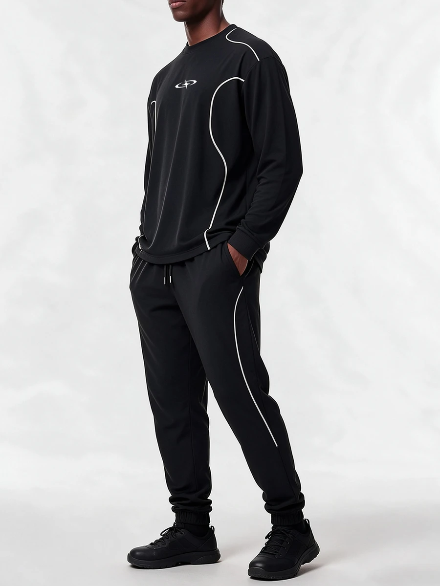 Coreblaze Men's Colorblock Long Sleeve Top And Pants Casual Daily Sports Set - Black - View 1