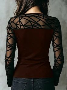 SHEIN LUNE CURVE تي شيرت أنيق بحجم كبير مع رقعات شبكية - بني - مشاهدة 2