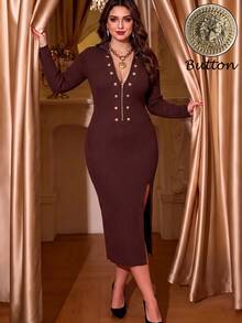 Auvina Plus Size Double-Breasted Side Slit Sexy Knit Dress - Coffee Brown - View 4