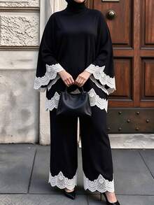 SHEIN LUNE CURVE طقم نسائي مقاس كبير من قطعتين: ملابس علوية وبنطلون بتصميم دانتيل مرقع للاستخدام اليومي الكاجوال - الأسود - مشاهدة 4