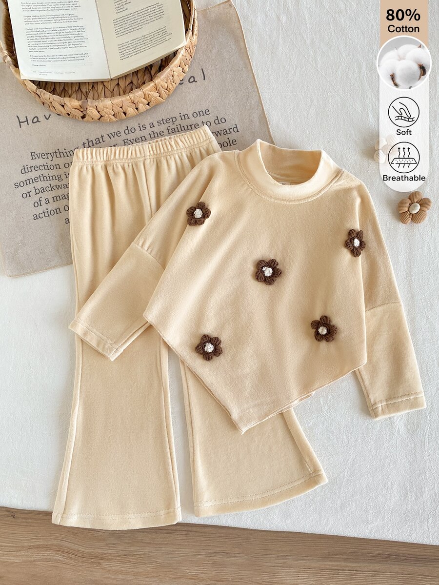 SHEIN Girls Spring Autumn Winter Set, Asymmetrical Mock Neck Knit Solid Long Sleeve Top With Casual Flared Pants, Ideal For Daily School And Gatherings - Apricot - View 1