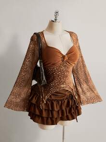 SHEIN ICON Plus Size Women's Deer Spotted Print Pleated Top - Brown - View 5