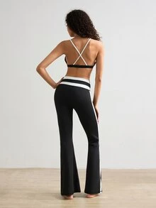 VARSIVA Women's Colorblock Halter Bra And Long Pants Casual Daily Sports Set - Black and White - View 9
