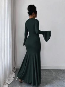 Elenzga 女款優雅成熟彈性修身魚尾下擺荷葉袖洋裝，秋冬早午餐晚餐米色 - 墨綠色 - 查看 2