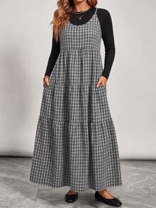 Freevana 大尺碼女款復古休閒格紋洋裝，秋冬季 - 黑與白 - 查看 3