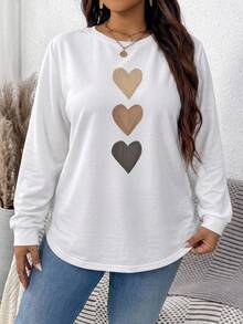 Rosumi Casual Minimalist Brown Hand-Drawn Heart Positioned Print Pattern Autumn/Winter Crew Neck White Comfortable Sweatshirt With Curved Hem And Side Slit Design - White - View 5