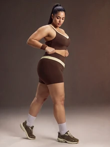 Powerista Women's Plus Size 2 Pieces Tank Top And Contrast Color Shorts Sports Set - Brown - View 3