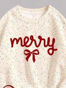 SHEIN 柔滑奶油白波點甜美復古女孩蝴蝶結 MERRY 圖案印花女童休閒套裝，內刷毛鬆款圓領套頭衛衣與刷毛內裡內搭褲套組，秋冬新款日常穿著、外出、假日派對、度假、聖誕穿搭，復古甜美女孩慵懶舒適風 - 彩色 - 查看 6