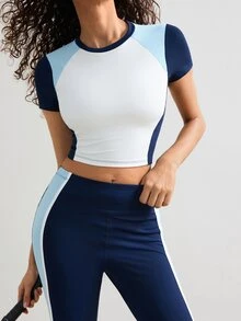 VARSIVA Women's Colorblock Short Sleeve Top And Long Pants Casual Daily Sports Set - Multicolor - View 1