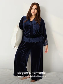 LUVLETTE Plus Size Fall Winter Navy Velvet Lace Patchwork Button Front Lapel Collar Long Sleeve Pajama Set Now Trending Vintage Women Sleepwear Homewear - Blue - View 6