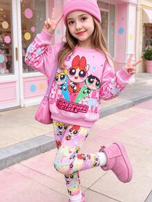 THE POWERPUFF GIRLS X SHEIN 2件組女孩卡通圖案印花長袖運動衫與內搭褲套裝 粉色休閒日常穿著 春秋款 - 彩色 - 查看 1
