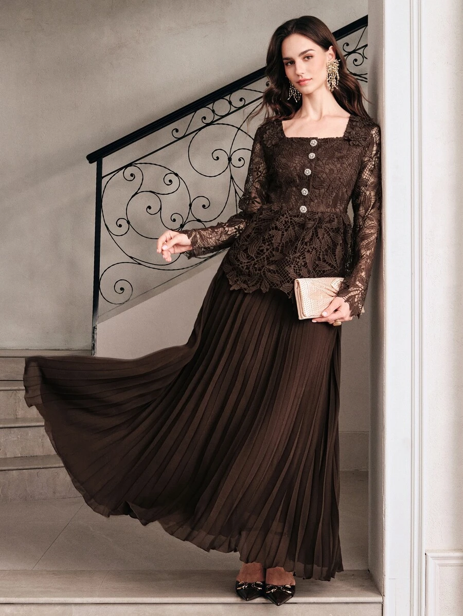 Anewsta Women's Vintage Coffee Color Lace Square Neck Long Sleeve Rhinestone Button Ruffle Pleated Long Dress Elegant - Brown - View 1