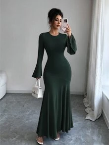 Elenzga 女款優雅成熟彈性修身魚尾下擺荷葉袖洋裝，秋冬早午餐晚餐米色 - 墨綠色 - 查看 4