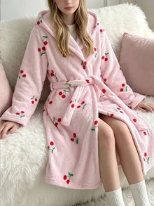 SHEIN Tween Girl Cherry Print Long Sleeve Pajama Robe Loungewear - Pink - View 1