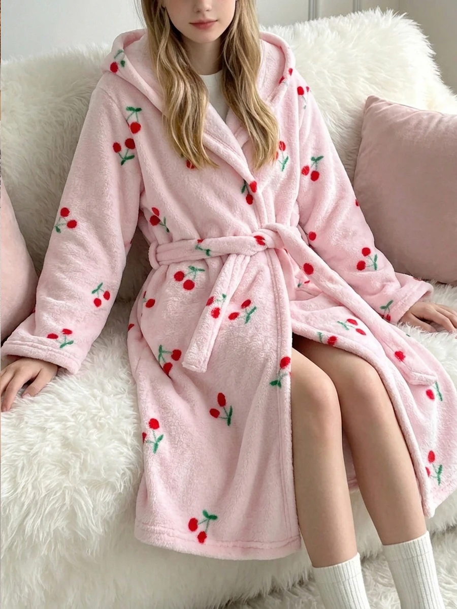 SHEIN Tween Girl Cherry Print Long Sleeve Pajama Robe Loungewear - Pink - View 1