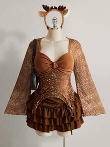 SHEIN ICON Plus Size Women's Deer Spotted Print Pleated Top - Brown - View 2