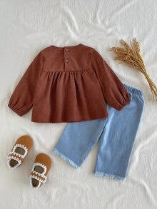 Playful Pals 2pcs Toddler Baby Girl Blouse Denim Pants Cute Animal Applique Floral Ribbed Knit Long Sleeve Round Neck Regular Fit Ruffled Bow Princess Cozy - Brown - View 2