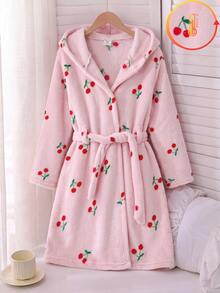SHEIN Tween Girl Cherry Print Long Sleeve Pajama Robe Loungewear - Pink - View 7