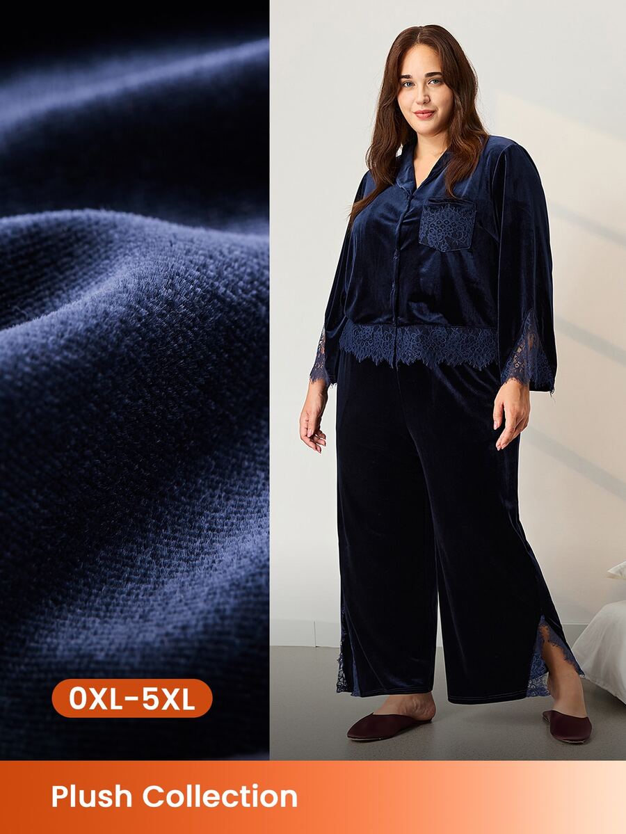 LUVLETTE Plus Size Fall Winter Navy Velvet Lace Patchwork Button Front Lapel Collar Long Sleeve Pajama Set Now Trending Vintage Women Sleepwear Homewear - Blue - View 1