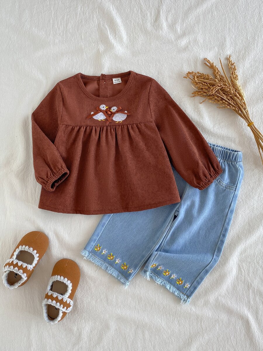Playful Pals 2pcs Toddler Baby Girl Blouse Denim Pants Cute Animal Applique Floral Ribbed Knit Long Sleeve Round Neck Regular Fit Ruffled Bow Princess Cozy - Brown - View 1