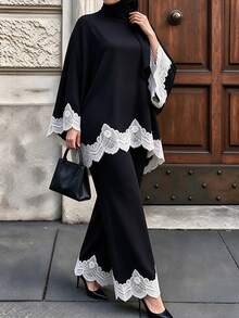 SHEIN LUNE CURVE طقم نسائي مقاس كبير من قطعتين: ملابس علوية وبنطلون بتصميم دانتيل مرقع للاستخدام اليومي الكاجوال - الأسود - مشاهدة 6