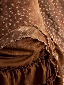 SHEIN ICON Plus Size Women's Deer Spotted Print Pleated Top - Brown - View 10