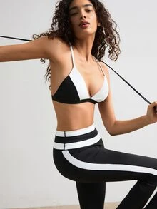 VARSIVA Women's Colorblock Halter Bra And Long Pants Casual Daily Sports Set - Black and White - View 5