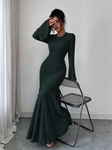 Elenzga 女款優雅成熟彈性修身魚尾下擺荷葉袖洋裝，秋冬早午餐晚餐米色 - 墨綠色 - 查看 3