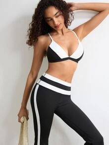 VARSIVA Women's Colorblock Halter Bra And Long Pants Casual Daily Sports Set - Black and White - View 8
