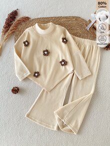 SHEIN 女童春秋冬季套裝，不對稱假領針織素色長袖上衣搭配休閒喇叭褲，適合日常上學與聚會 - 杏色 - 查看 1