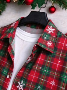 Manfinity Homme 男士聖誕雪花格紋領扣鈕扣襯衫，短袖節日派對穿搭，節日上衣節日套裝 - 彩色 - 查看 7