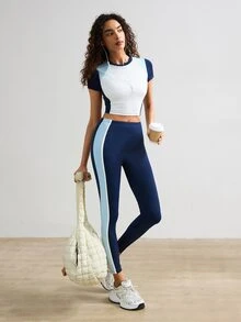 VARSIVA Women's Colorblock Short Sleeve Top And Long Pants Casual Daily Sports Set - Multicolor - View 5