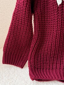 SHEIN 女嬰針織純色字母圖案圓領寬鬆休閒冬季毛衣 可愛小仙女毛衣 親子套裝 柔和白色 秋冬款 - 酒紅色 - 查看 4