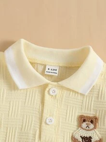 SHEIN 2件組男嬰幼兒波羅衫短褲套裝，學院風淡黃色與白色泰迪熊貼布，華夫格針織短袖前開鈕扣，度假夏季穿搭 - 黃色 - 查看 4