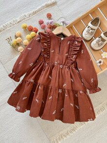 SHEIN Baby Girl Woven Embroidered Corduroy Casual Dress, Autumn/Winter - Multicolor - View 5