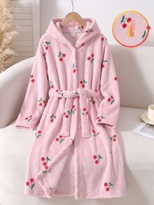 SHEIN Tween Girl Cherry Print Long Sleeve Pajama Robe Loungewear - Pink - View 2