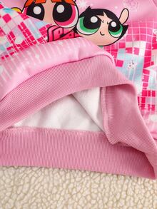 THE POWERPUFF GIRLS X SHEIN 2件組女孩卡通圖案印花長袖運動衫與內搭褲套裝 粉色休閒日常穿著 春秋款 - 彩色 - 查看 8