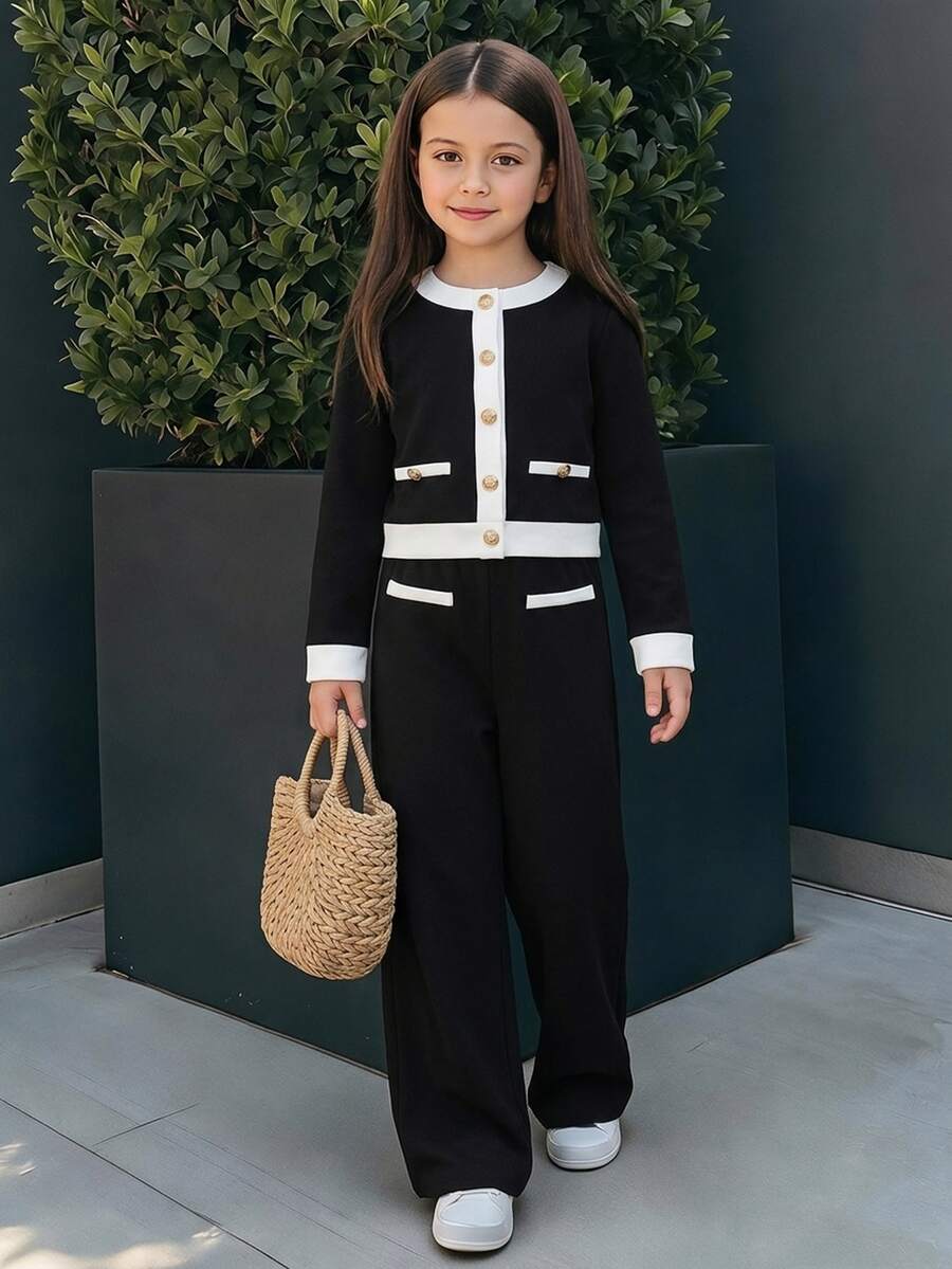 SHEIN Tween女孩秋冬春季休閒正式優雅返校穿搭,黑白對比珍珠鈕扣長袖上衣與直筒長褲2件套,法式優雅套裝 - 黑與白 - 查看 1