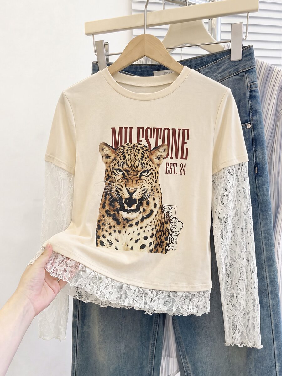 SHEIN Teen Girl Teen Girls Tiger Print Contrast Lace 2 In 1 Long Sleeve T-Shirt, Back To School Outfit, Long Sleeve Tops, Suitable For Daily Commute - Apricot - View 1