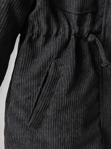 SHEIN Elladie kids 返校季女童幼童冬季新款 2026 復古卡其色燈芯絨布料保暖內裡拉鍊連帽上衣，收腰設計，適合冬季外出與通勤，百搭抓絨時尚夾克 - 黑色 - 查看 7