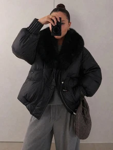 DAZY 女款休閒長袖純色冬季韓式加厚棉外套 - 黑色 - 查看 6